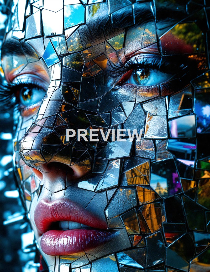 A close-up of a woman's face with her features fragmented into small, irregular mirror-like pieces, reflecting various colors and scenes.